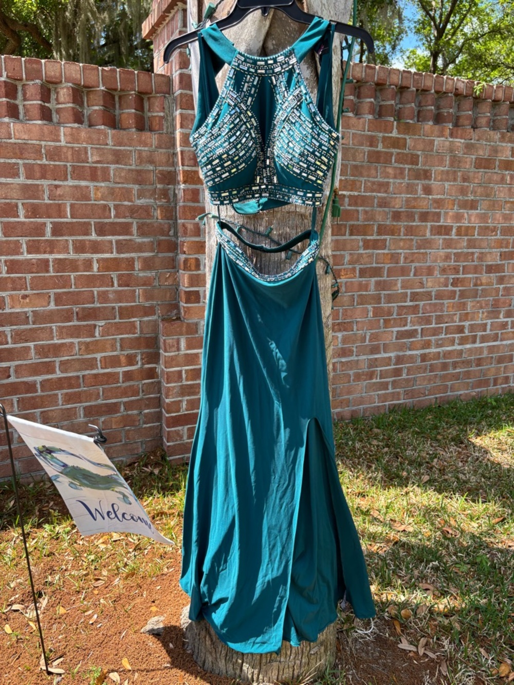 Teal Beaded Two-Piece Formal Gown